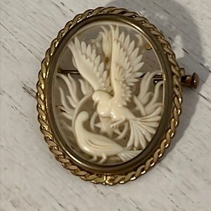 Antique carved Celluloid Depose France dove trombone clasp brooch